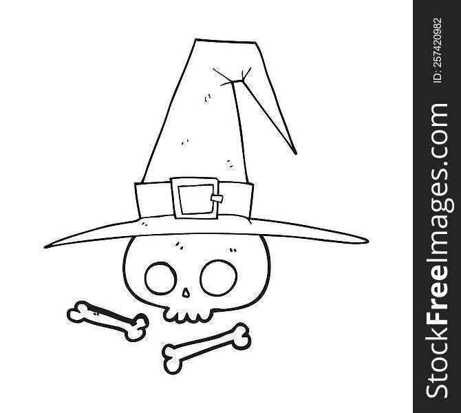 freehand drawn black and white cartoon witch hat with skull