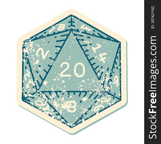 iconic distressed sticker tattoo style image of a d20 dice. iconic distressed sticker tattoo style image of a d20 dice