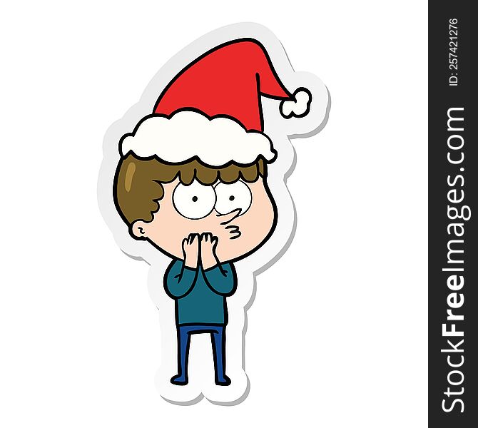 hand drawn sticker cartoon of a curious boy wearing santa hat