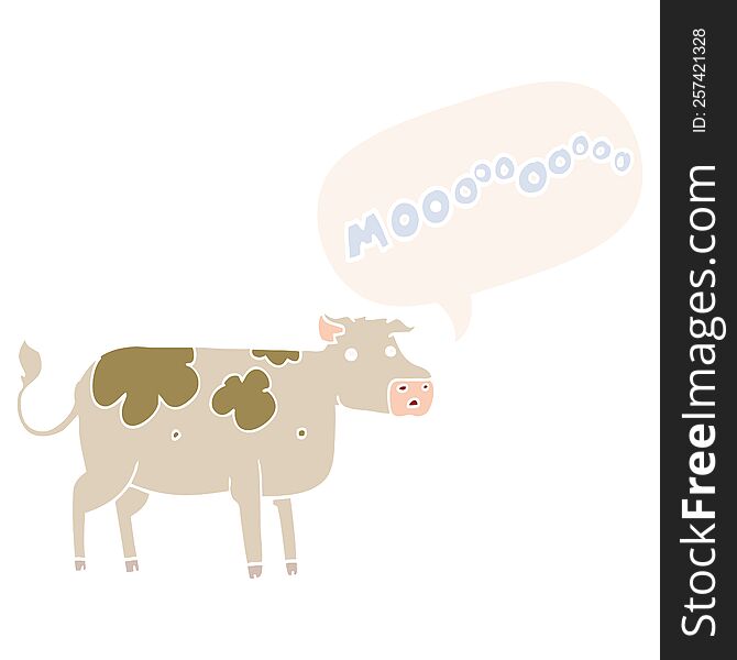 cartoon cow with speech bubble in retro style