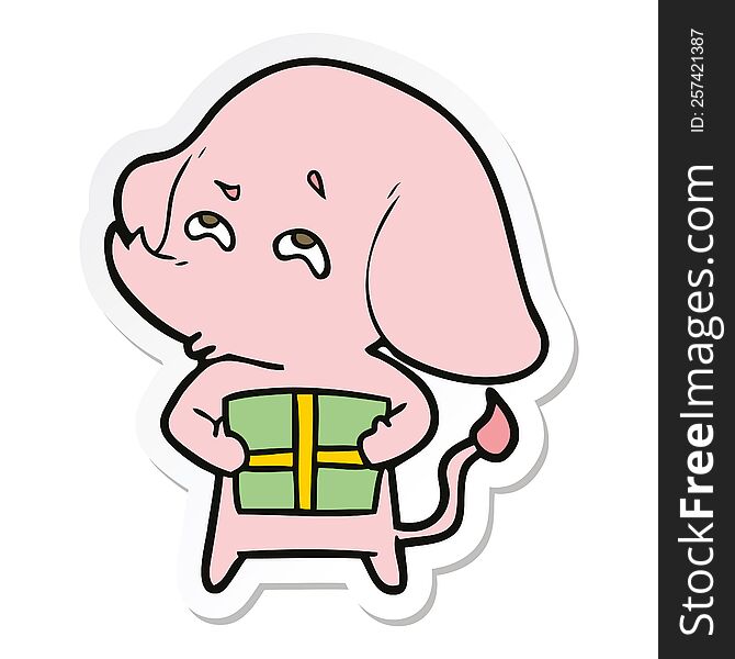 Sticker Of A Cartoon Elephant With Gift Remembering