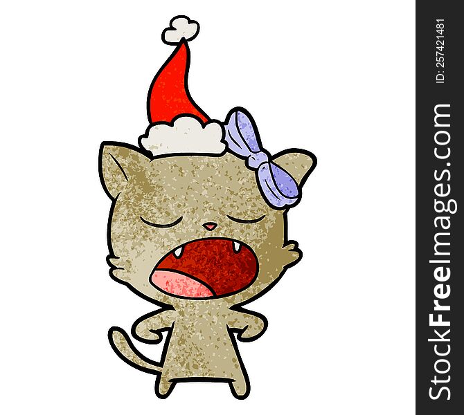 hand drawn textured cartoon of a yawning cat wearing santa hat