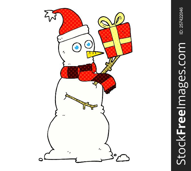Cartoon Snowman Holding Present