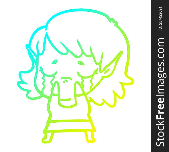 cold gradient line drawing of a cartoon crying elf girl