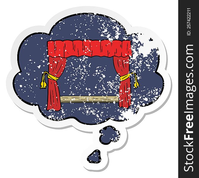 cartoon open curtains with thought bubble as a distressed worn sticker