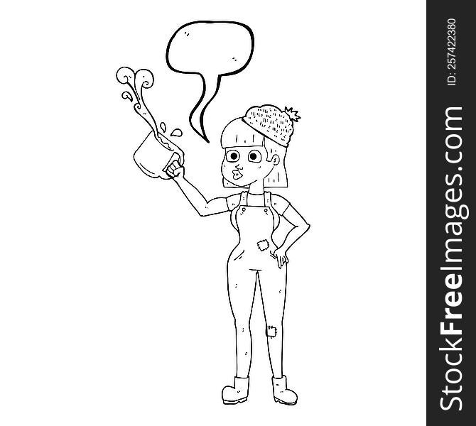 freehand drawn speech bubble cartoon female worker with coffee mug