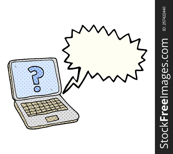 freehand drawn comic book speech bubble cartoon laptop computer with question mark