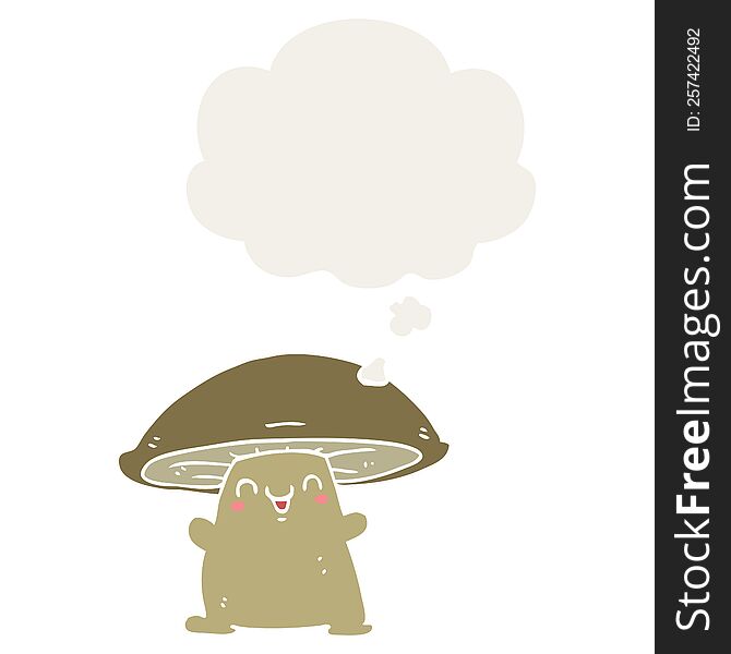 Cartoon Mushroom Character And Thought Bubble In Retro Style