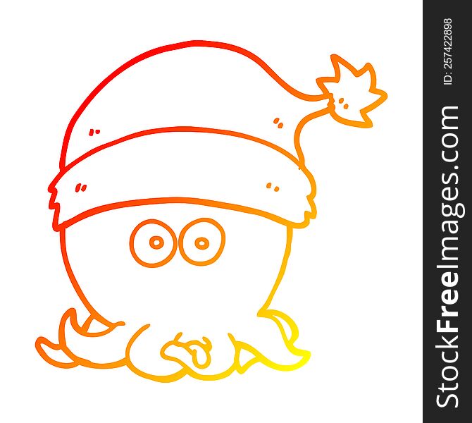 Warm Gradient Line Drawing Cartoon Octopus Wearing Christmas Hat