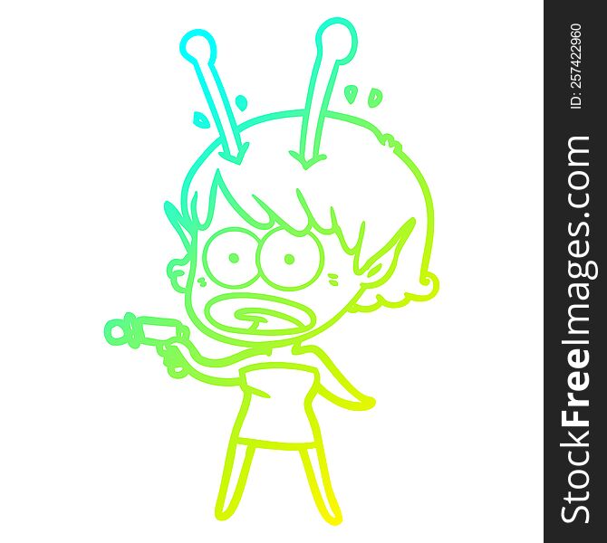 cold gradient line drawing of a cartoon shocked alien girl