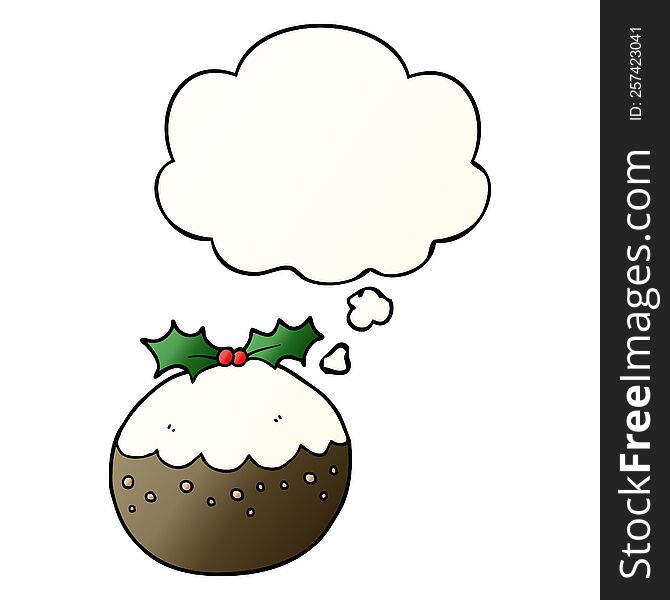 cartoon christmas pudding with thought bubble in smooth gradient style