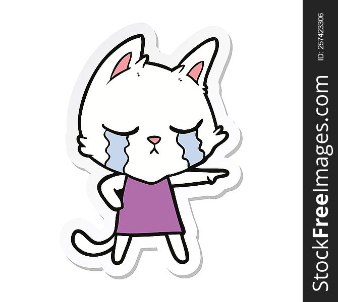 Sticker Of A Crying Cartoon Cat In Dress Pointing