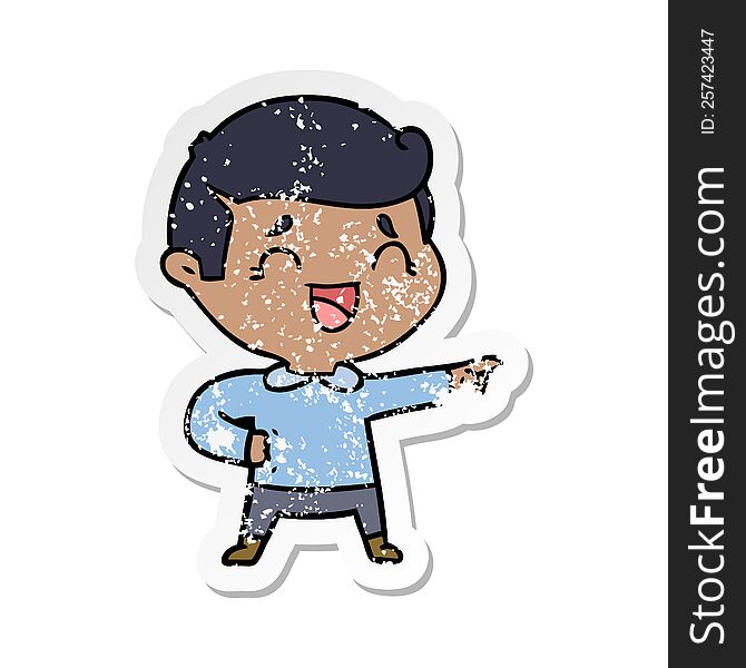 Distressed Sticker Of A Cartoon Laughing Man Pointing