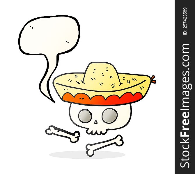 freehand drawn speech bubble cartoon skull in mexican hat