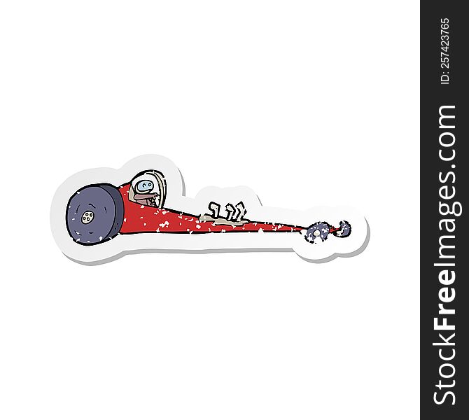 Retro Distressed Sticker Of A Cartoon Drag Racer
