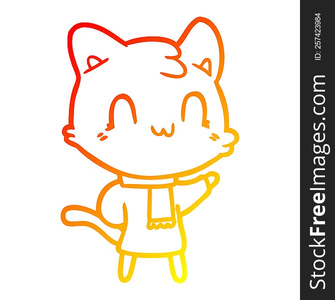 warm gradient line drawing of a cartoon happy cat wearing scarf