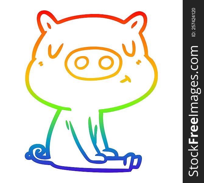 rainbow gradient line drawing of a cartoon content pig meditating