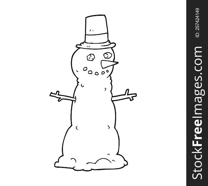 freehand drawn black and white cartoon snowman in top hat