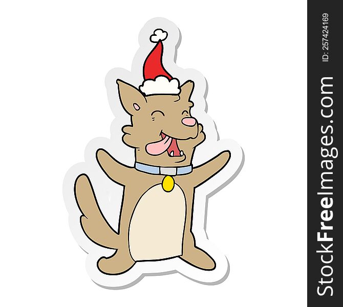 hand drawn sticker cartoon of a happy dog wearing santa hat