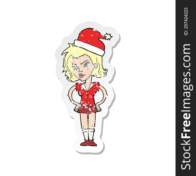Retro Distressed Sticker Of A Cartoon Woman In Christmas Hat