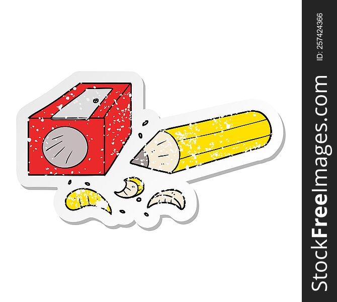 distressed sticker of a cartoon pencil and sharpener