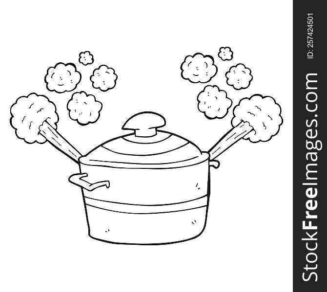 freehand drawn black and white cartoon steaming cooking pot