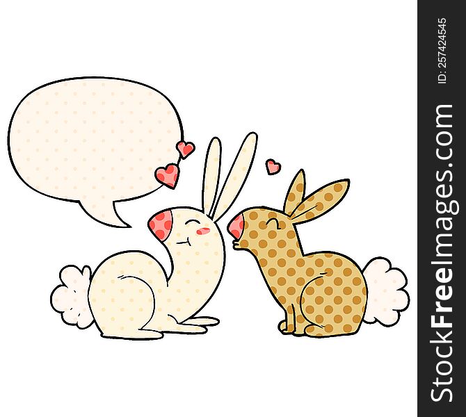 Cartoon Rabbits In Love And Speech Bubble In Comic Book Style