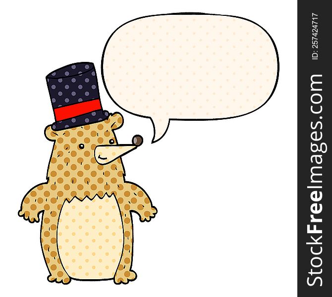 Cartoon Bear In Top Hat And Speech Bubble In Comic Book Style
