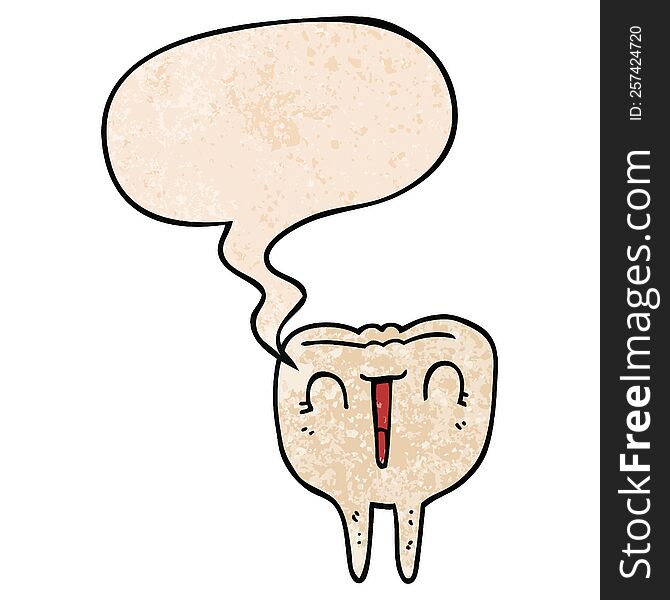 cartoon happy tooth with speech bubble in retro texture style