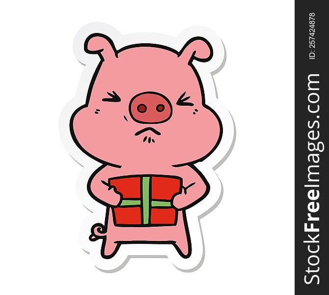 Sticker Of A Cartoon Angry Pig With Christmas Present