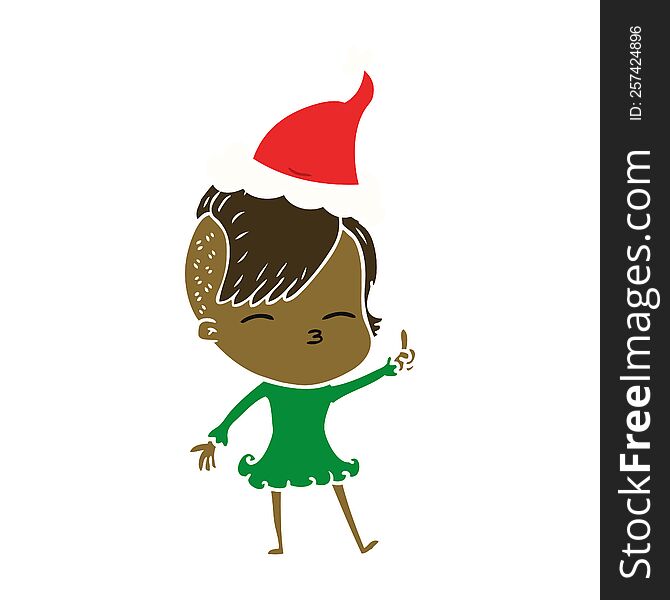 hand drawn flat color illustration of a squinting girl wearing santa hat