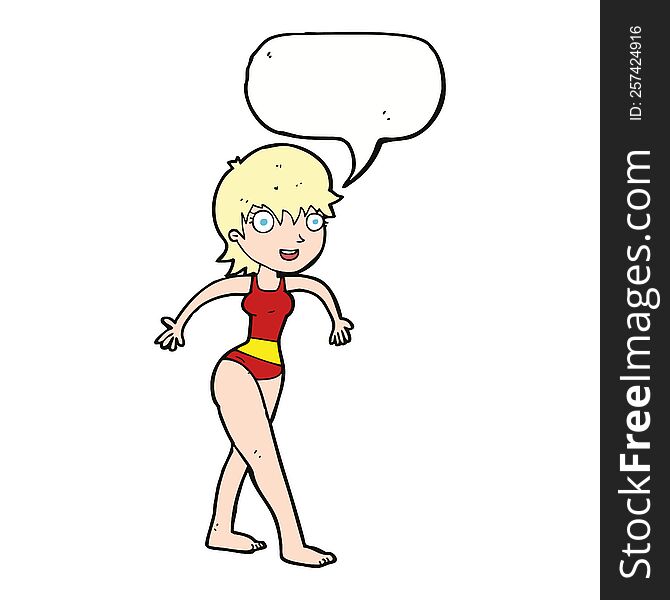 cartoon happy woman in swimming costume with speech bubble