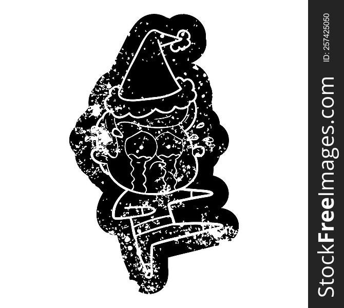 Cartoon Distressed Icon Of A Crying Dancer Wearing Santa Hat