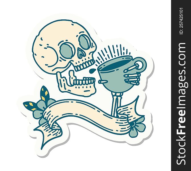 tattoo style sticker with banner of a skull drinking coffee