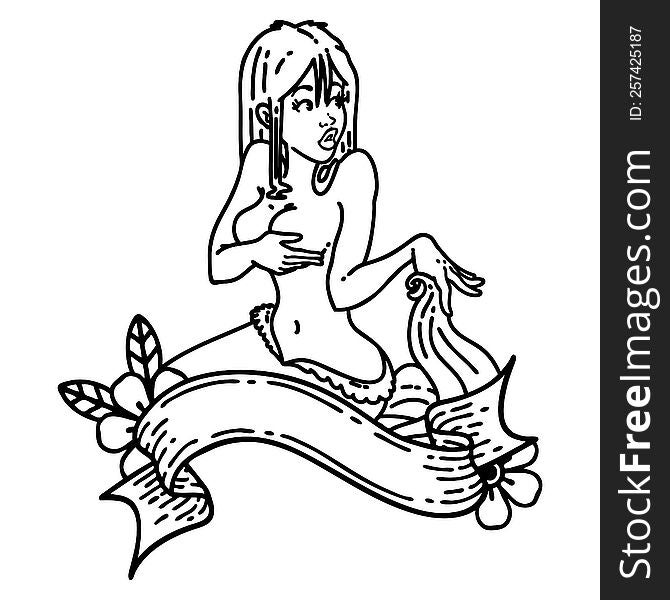 tattoo in black line style of a pinup mermaid with banner. tattoo in black line style of a pinup mermaid with banner