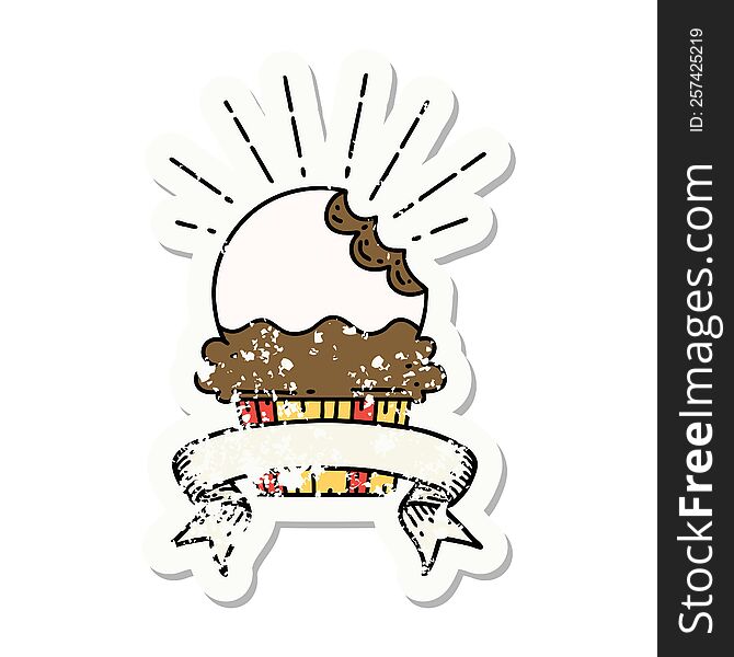 Grunge Sticker Of Tattoo Style Cupcake With Missing Bite