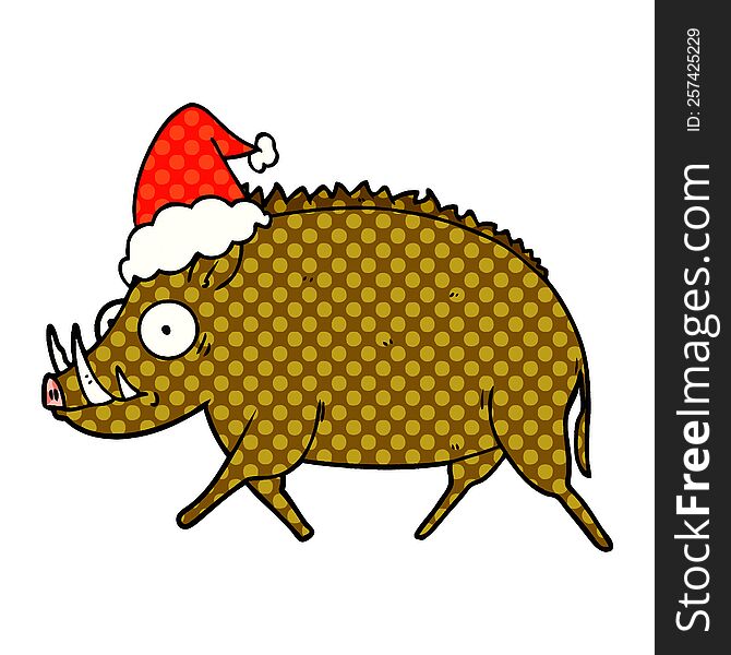 comic book style illustration of a wild boar wearing santa hat