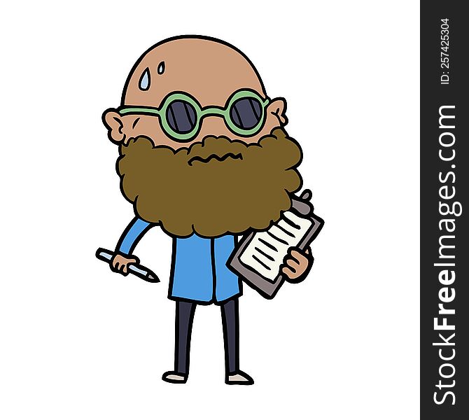 cartoon worried man with beard and sunglasses taking survey. cartoon worried man with beard and sunglasses taking survey