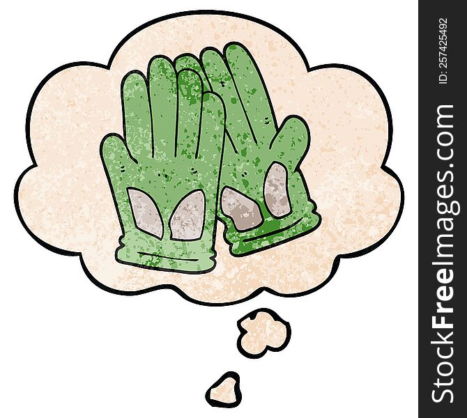 cartoon garden work gloves with thought bubble in grunge texture style. cartoon garden work gloves with thought bubble in grunge texture style