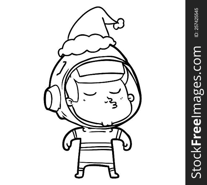 Line Drawing Of A Confident Astronaut Wearing Santa Hat