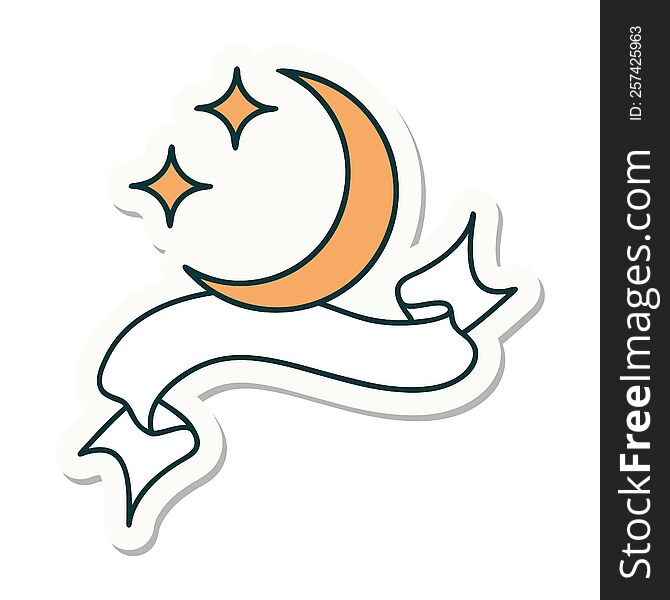 tattoo sticker with banner of a moon and stars