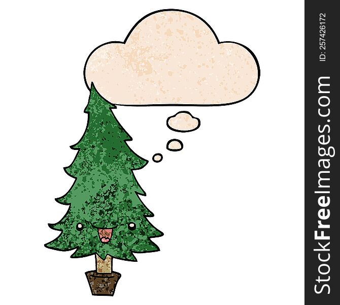 cute cartoon christmas tree and thought bubble in grunge texture pattern style