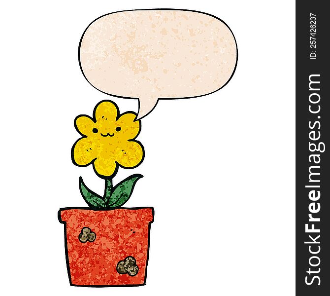 cartoon house plant with speech bubble in retro texture style
