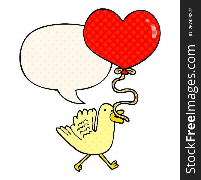 cartoon bird with heart balloon with speech bubble in comic book style. cartoon bird with heart balloon with speech bubble in comic book style