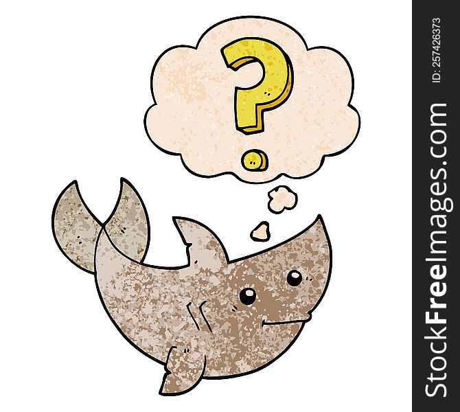 Cartoon Shark Asking Question And Thought Bubble In Grunge Texture Pattern Style