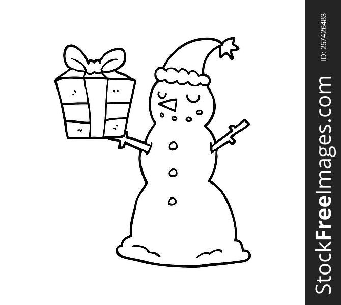 cartoon snowman with present