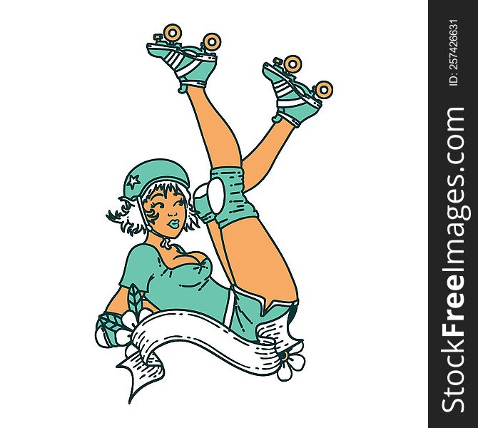 tattoo in traditional style of a pinup roller derby girl with banner. tattoo in traditional style of a pinup roller derby girl with banner