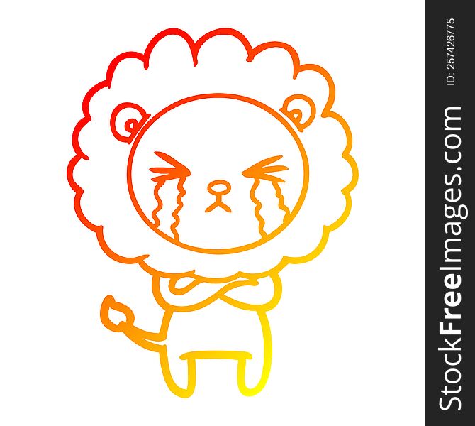 warm gradient line drawing of a cartoon crying lion with crossed arms