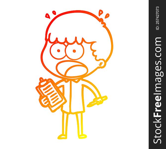 warm gradient line drawing of a cartoon shocked man with clipboard and pen