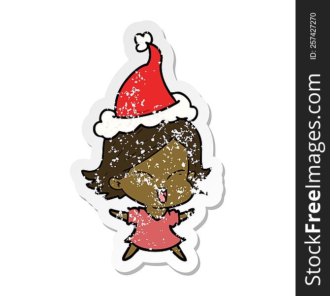 Happy Distressed Sticker Cartoon Of A Girl Wearing Santa Hat